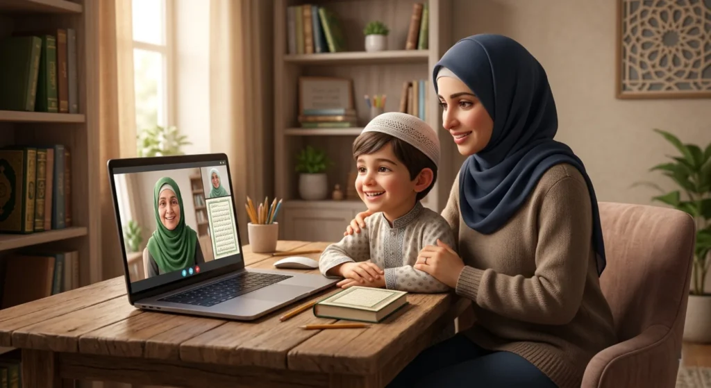 Parent sitting beside child during an online Quran lesson with teacher on laptop screen