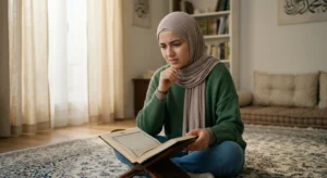 Young woman reading Quran thoughtfully, realizing need for a Quran tutor for Tajweed