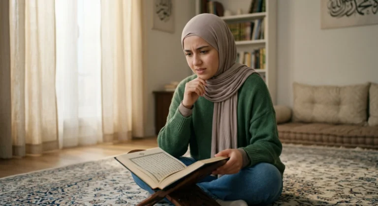 Young woman reading Quran thoughtfully, realizing need for a Quran tutor for Tajweed