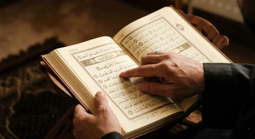 Close-up of Quran recitation highlighting why Tajweed mandatory for Quran recitation ensures correct pronunciation
