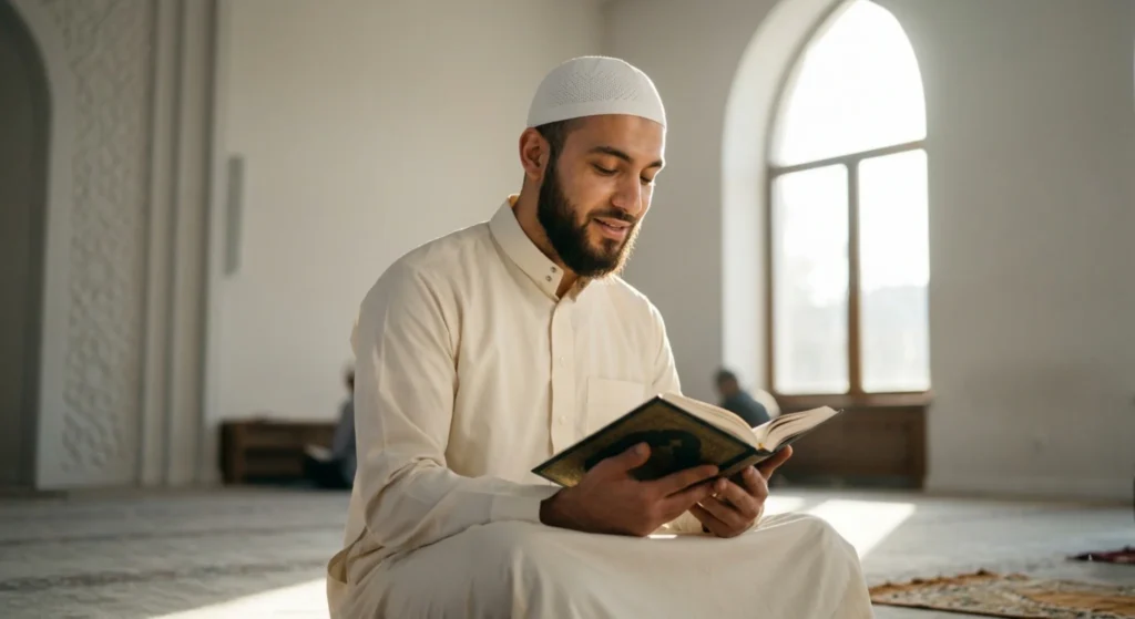 
Man confidently reciting Quran with proper Tajweed after learning from a tutor