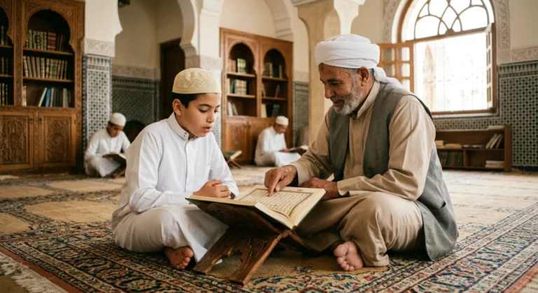 Tajweed mandatory for Quran recitation being taught by a teacher to a young student in a mosque