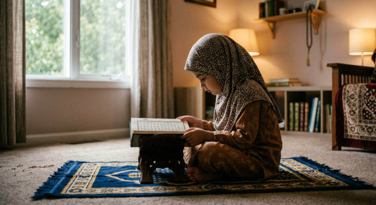 learning Quran online for kids at home child reading Quran on prayer mat