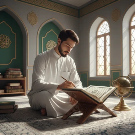 A man in white traditional clothing reading and writing in a Quran inside a bright prayer room.